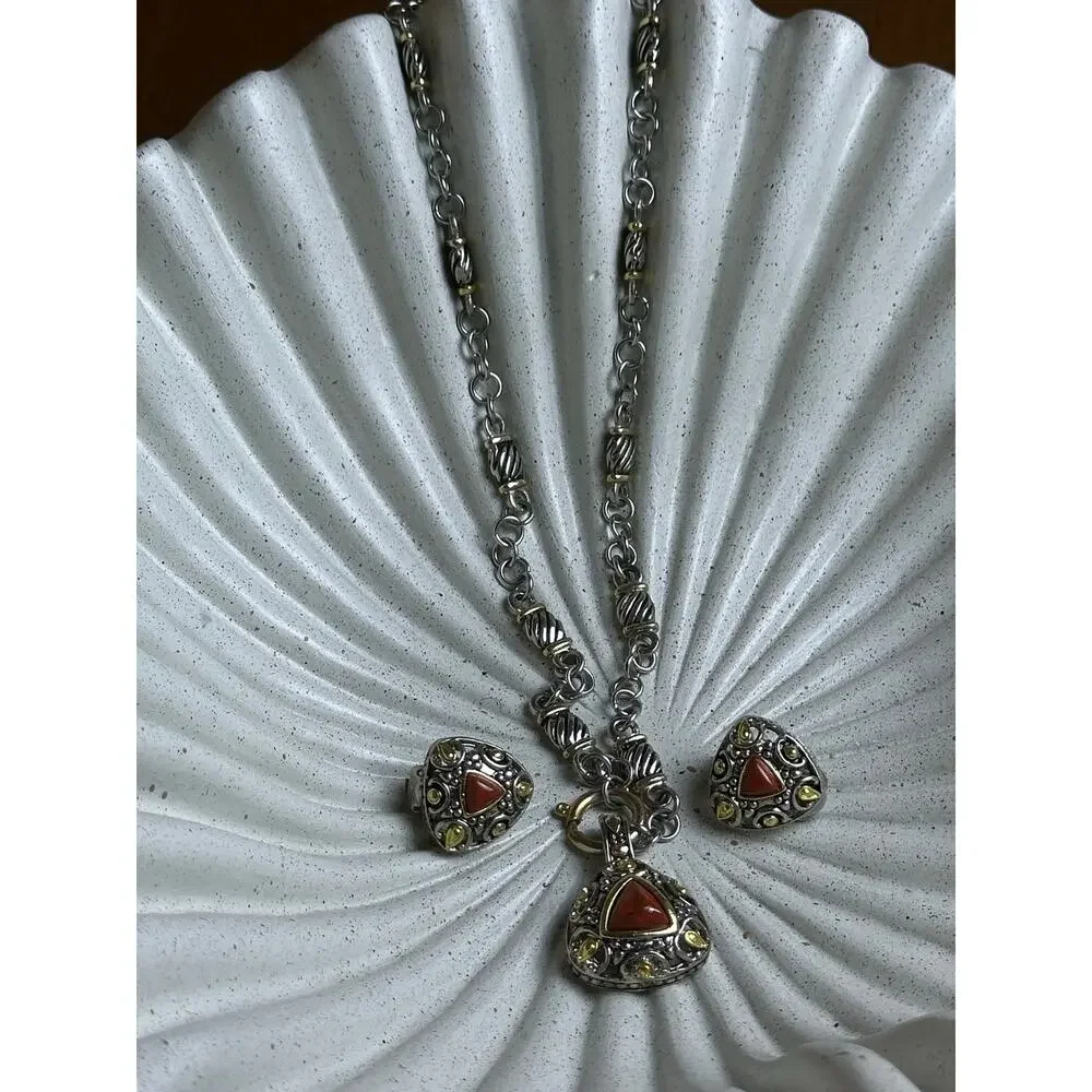 Southwestern Style Necklace Earrings Set Red Jasper Coral Tone Mixed Metal Boho